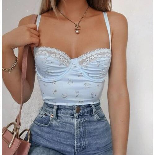 Summer Floral Print Spaghetti Strap Top Sexy Lace Backless Y2K Crop Tops Tees Women 90s Vintage Sleeveless Milkmaid Cami Top