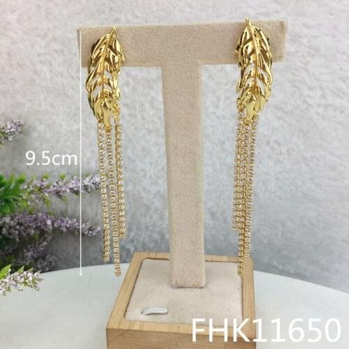 Yuminglai Fashion Luxury Dubai Jewelry Leaf Shape Tassels Accessories Rhinestone Superior Quality Earrings for Women FHK11650