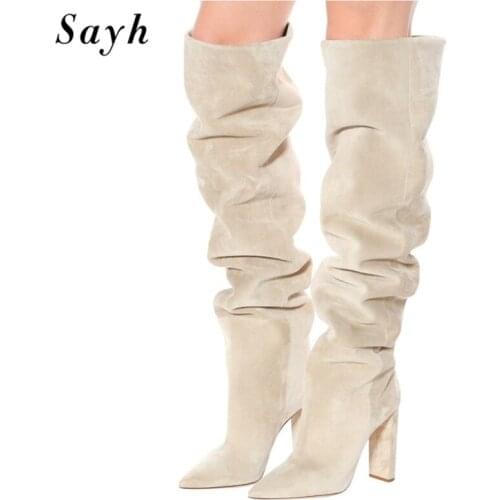 Fashion Winter Woman Pleated Boots Over The Knee High Boots Pointy Toe Thigh Boot Suede Zipper Shoes Size Plus