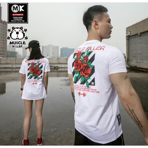 Muscle-killer classic rose round neck fitness exercise short sleeve T-shirt men popular logo slim summer training half sleeve