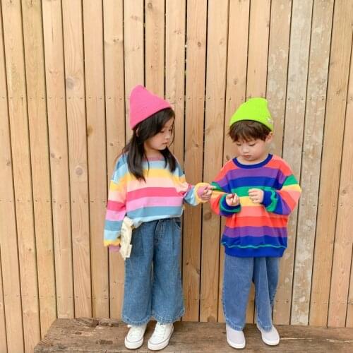 Korean style Spring Boys Girls Casual Rainbow Striped Sweatshirts 2020 New Cotton Loose Tops Pullovers Toddler Kids