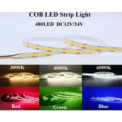 High Density COB LED Strip 12V 24V Flexible Linear Rope Light No Spot Width 8mm 480LED 9W/M Cold Warm Nature White