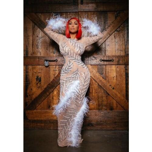 Rhinestones pearls Mesh Dress Birthday Celebrate Dress Feather See Through Outfit Singer Prom Party Long Dresses