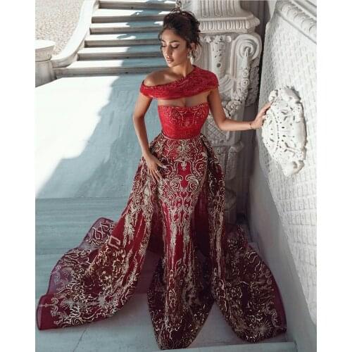 Gorgeous Red Mermaid 2021 Prom Dress With Detachable Train Sweetheart Appliqued Sequined Black Girl African Formal Evening Gowns