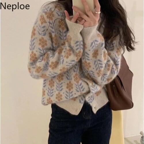 Neploe Vintage Knitted Cardigan Female Korean Floral Sweaters Tops Women Puff Femme O-neck Long Sleeve Loose Fashion Sueter Coat