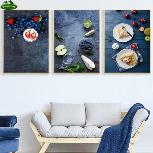 Yumeart Food Kitchen Poster Wall Art Canvas Yogurt Print Blueberry Juice Pastry at Stuffed With Jam Painting Dining Home Decor