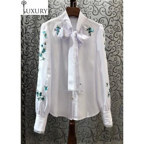 White Fashion 2020 Spring Blouses Women Bow Collar Color Block Embroidery Beading Buttons Down Long Sleeve Casual Tops Shirts