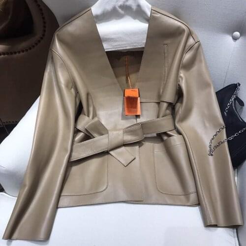 2021 New Style Sheepskin coat for women Genuine Leather Jacket deep v Neck Fashion Autunm Lady Bombe Real Leather Jackets