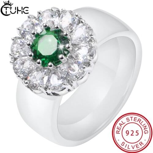 Luxury Real Solid 925 Sterling Silver Ring 8mm Ceramic Rings Green White Zircon Wedding Jewelry Rings Engagement For Women