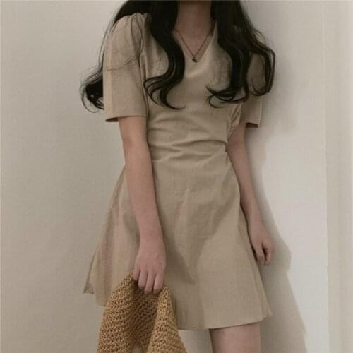 Women Summer Khaki Sexy V Neck Bodycon A-line Mini Dress Classic 2020 Short Sleeve Solid Color Sashes Short Sundress