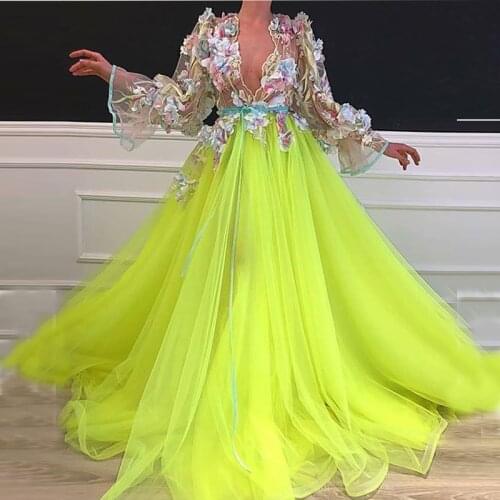 Long Sleeve Deep V-Neck Prom Dresses 2020 robe de soiree 3D Flowers Elegant Evening Gown for Women платье на выпускной