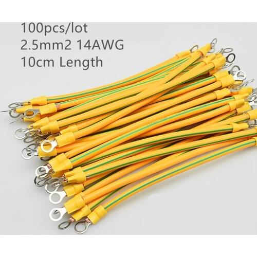 100pcs 10cm 14 AWG 2.5mm2 BVR Yellow-Green Solar Grounding Wire with Terminals Copper PV Cabinet Bridge Leakage Earth Cable