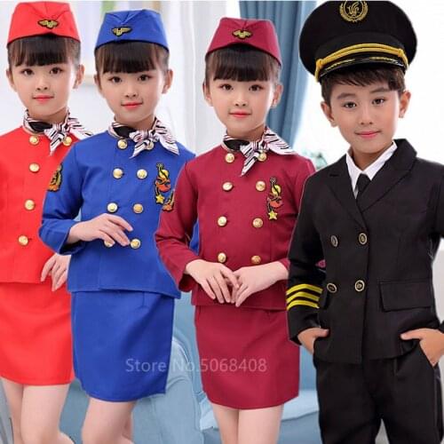 2020 Halloween Carnival Party Pilot Cosplay Costumes for Kids Boys Birthday Gift Girls Flight Attendant Dress Stewardess Uniform