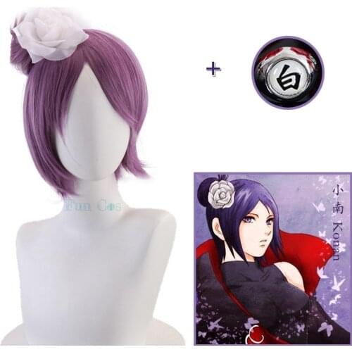 Anime Boruto Character Konan Cosplay Purple Wig Ring Heat Resistant Hair with Flower Wig Cap Halloween Party Role Cosplay Props