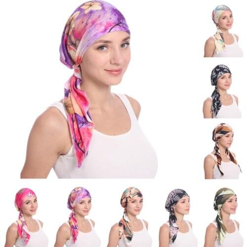 Muslim Women Printed Hijabs Hats Turban Head Head Scarf Chemo Cancer Cap Hair Loss Hat Long Tail Bow Bonnet Wide Band Wrap Cap