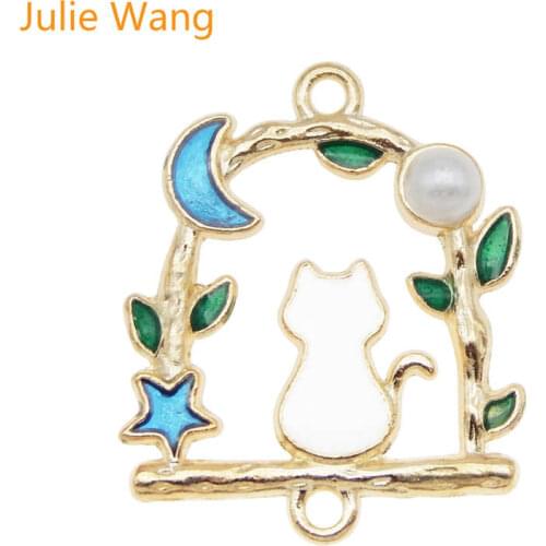 Julie Wang 2PCS Enamel Cat Connector Gold Tone Star Moon Branch Necklace Pendant Findings DIY Jewelry Making Metal Accessory