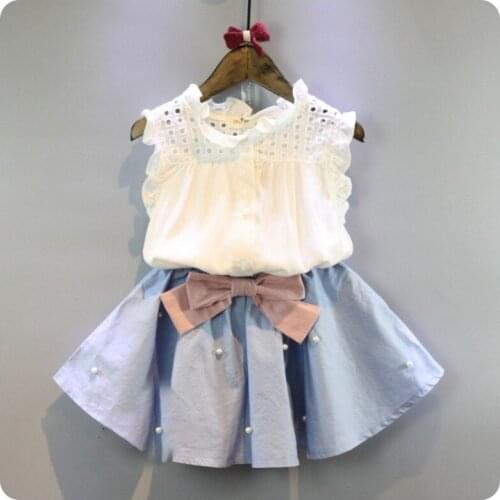 Kids Suit for Girls Summer white lace sleeveless shirt+ blue bow skirt 2 piece sets summer 2-8 ages