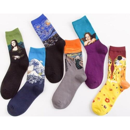 Men Sock Funny Cute Waves Little Angel Oil Painting Harajuku Happy Black Casual Hip Hop Skate Male Dress Ventilation Cotton Sock
