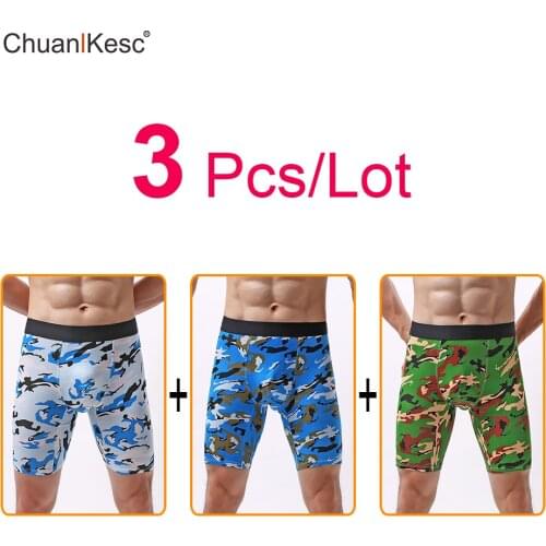 Long Mens Boxer Pants/European Size/Cotton/Sports Underpants/Breathable/Non Abrasion Leg/Camouflage Mid Length Pants Pack of 3