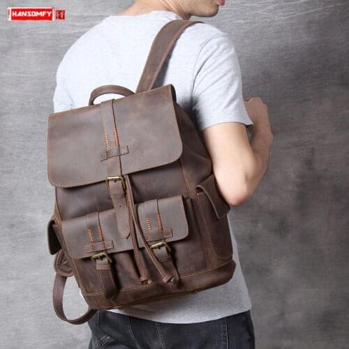Mens Backpack Men Large-capacity Leather Bag Travel Bags Motorcycle Bag Male Backpacks New Retro Handmade Crazy Horse Leather