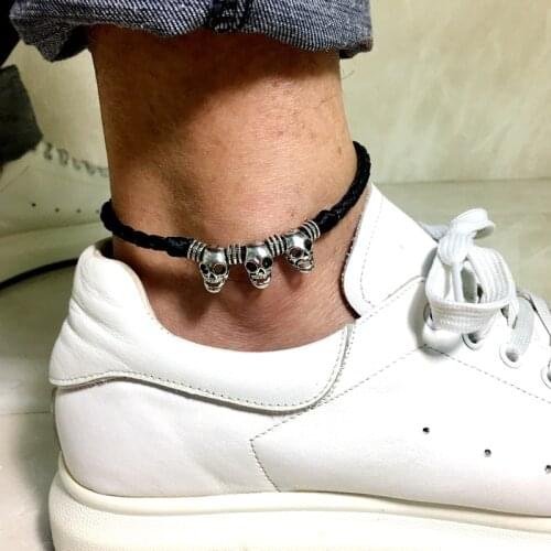 Skull skeleton black leather anklet for men boys student punk rock