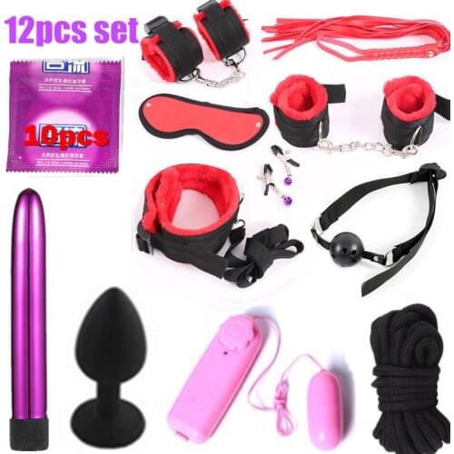 12pcs set Sex Toys for Woman Bdsm Bondage Set Metal Butt Plug Tail Nylon Sex Handcuffs Adult Games