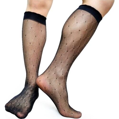 High Quality Mens Softy Nylon Silk Socks Transparent Plaid Sheer Sexy Gay Male Stocking Fetish Collection Tube Hose Stockings