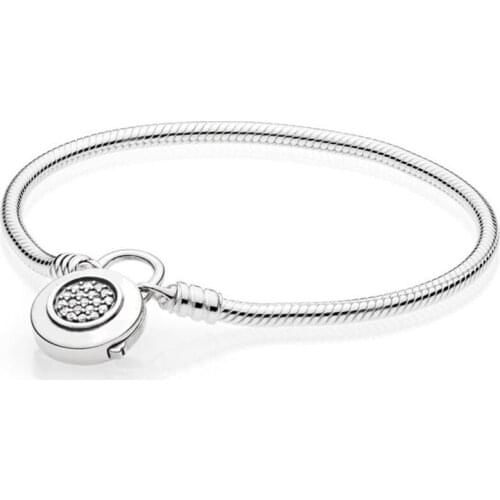 NEW 100% 925 Sterling Silver Original Classic Logo Charm Lock Basic MOMENTS SMOOTH BRACELET WITH SIGNATURE PADLOCK DIY Bead