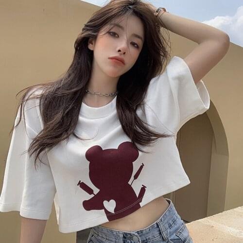 Casual Printed Crop Tops T-Shirt For Women Cotton Round Neck Short Sleeve Blouse High Waist Loose Short Sport Femme T-Shirt