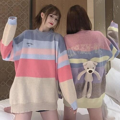 Kawaii Bear Pullovers Women O-Neck Full Sleeve Oversized Sweaters Women 2022 Spring Autumn Cute Knitwear Female Pink Blue CX2217
