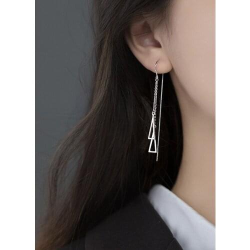 Real. 925 Sterling Silver Two Rows Hollow Double Triangle "U" Threader Piercing Pull Through Wire Earrings Tassel long C-G7571