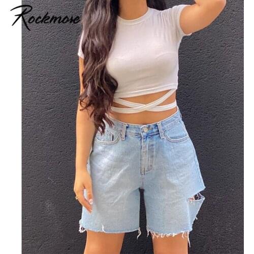 Rockmore Ripped Jeans Shorts Casual Baggy Denim Shorts y2k High Waist Short Pants Women Fashion 90s Streetwear Ladies Summer