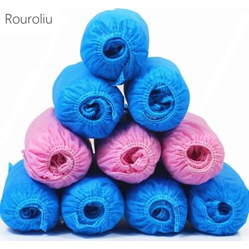 Rouroliu 100pcs/lot Disposable Non-Woven Shoes Cover Thickening Dustproof Homes Overshoes Non-Slip Blue Pink