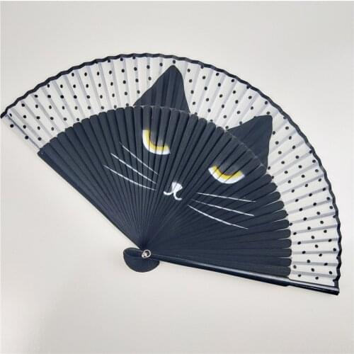 Cat Cartoon Hand Fans Silk Fashionable Japan Style Girl Folding Fan Inkjet Cat Fan Painted Handle Handheld Folding Girls Fans