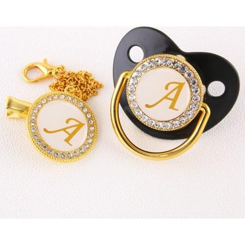 Luxury Initial Letter A BlingBling Baby Pacifier with Chain Clip BPA Free Infant Toddler Baby Pacifier Silicone Nipple Soother