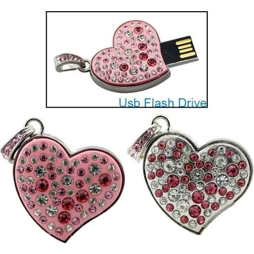 Crystal Diamond Love Heart With Chain Usb Flash Drive Pendrive 4GB 16GB 32GB 64GB Necklace Heart Shape Memory Stick Gift