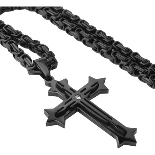 Vintage Black Smooth Jesus Cross Pendant Choker Necklace Fashion Jewelry Father Gift 21.65" 5mm Collar Link Byzantine Chain Men