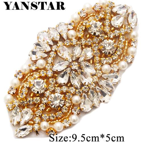 YANSTAR(30pcs) Wholesale Rose Gold Crystal Rhinestones Appliques Path Iron On For Wedding Dress Sash YS865