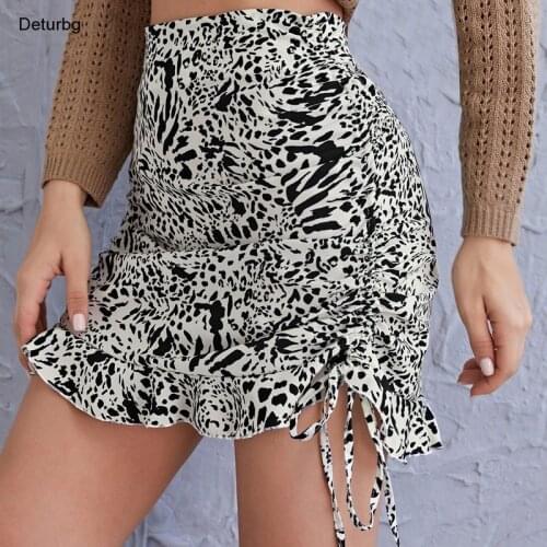 Womens Sexy Leopard Pattern Mini Skirt Female High Waist Drawstring Irregular Design Ruffles Bodycon Skirts 2021 Autumn Sk887