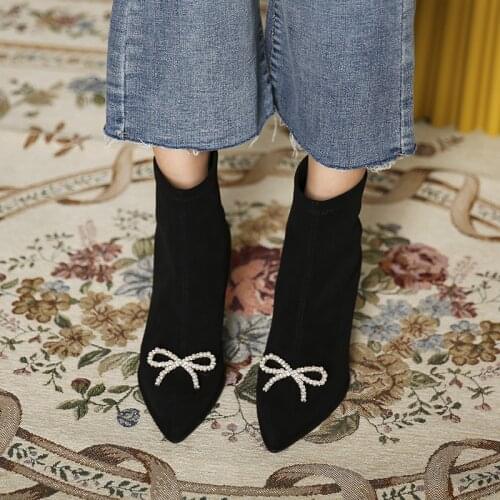 Super Fire Rhinestone Bow High Heel Short Boots Womens Spring and Autumn Single Boots Pointed Thin Heel Thin Boots