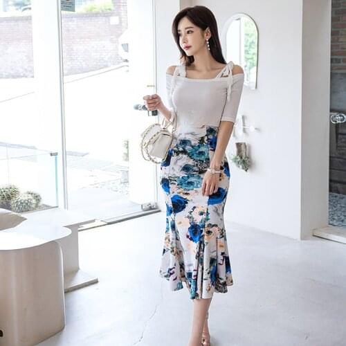 2 piece set Suit for women Summer White knitting Tops And Blue elegant print Skirt Sundress Sexy Ladies formal Suit