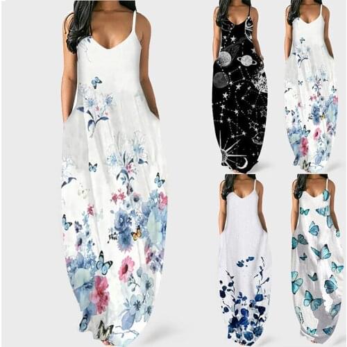 Fashion Women Florals Printed Full Length Dress Sleeveless Summer Suspender Skirt Round Collar Plus Size Clothes