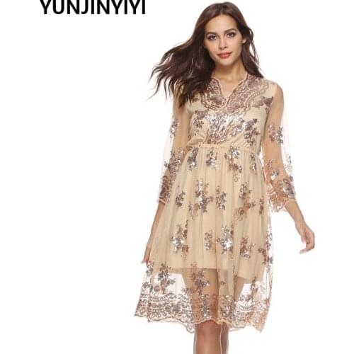 Autumn Winter Dress Women 2019 Sexy Mesh V Neck Sequins Vintage Dress Female Elegant Streetwear Christmas Party Dresses Vestidos