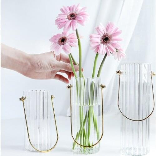 1pc Stripe Glass Vase Flower Filler Vase with Metal Portable Belt Centerpiece Home Decorative Planting Vase