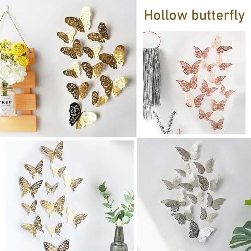 12Pcs Hollow 3D Butterfly Wall Stickers For Fridge Holiday Celebration Wall Home Decor Gold Silver Butterflies for Decoration