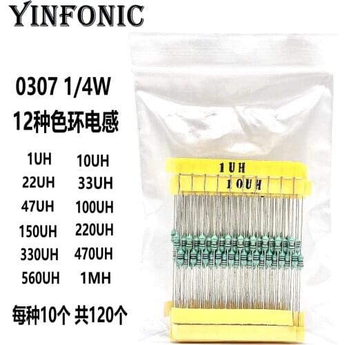 12Values x10pcs 1/4W 0307 1UH-1MH DIP Code ring Color ring inductor