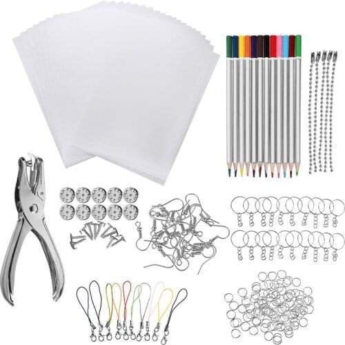 145/198PCS Shrinky Art Paper Heat Shrink Sheet Plastic Kit Hole Punch Keychains Pencils DIY Drawing Art Supply