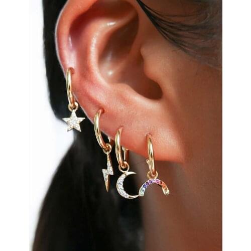 4pcs/set Fashion gold color star moon lightning rainbow cz Charm fashion Hanging drop earrings for women Geometric party jewelry