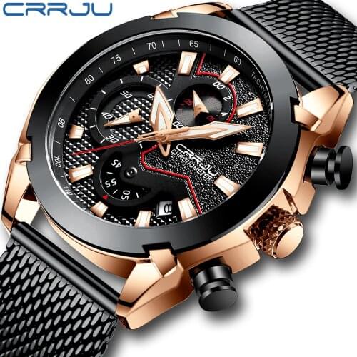 CRRJU mens steel belt watch, mechanical design business watch, mens quartz waterproof watch
