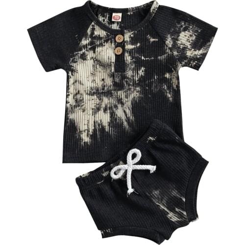 Baby’s 2Pcs Tie-dyed Knitted Suit Short Sleeve Button Collar T-shirt Tops with Elastic Waist Triangle Shorts